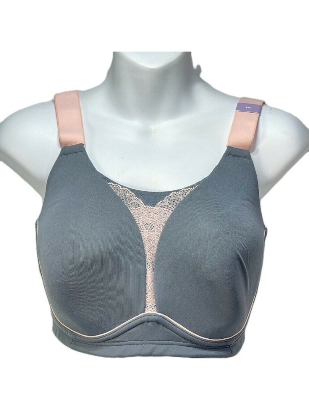 Cacique Sport By Cacique Womens Lace-Trimmed Sport Bra 32G Medium Gray & Pink
